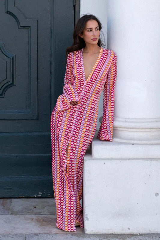 Abito Lungo Uncinetto Boho Righe Colorate